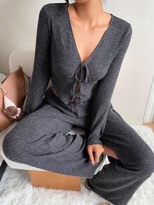 SHEIN EZwear 2pcs/Set Women Casual Grey Long Sleeve Tie Front Top And Wide Leg Pants,Autume/Winter - Grey - View 3