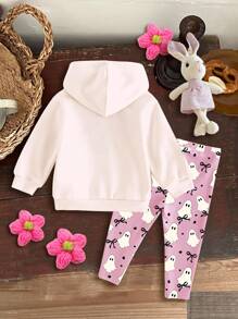 SHEIN Happikins Halloween, Cream Pink, Super Cute Little Ghost Bow Heart Print, Autumn Vibe, Baby Girl Casual Minimalist Letter Pattern Loose Raglan Hoodie Sweatshirt And Relaxed Fit Pants 2 Pieces Set, Sweet Casual, Outings, Street Style, Loungewear, Party, Picnic Fall Winter - Multicolor - View 3