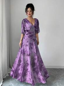 Elenzga Váy họa tiết hoa cổ chữ V thanh lịch dành cho nữ - Màu tím - Xem 3