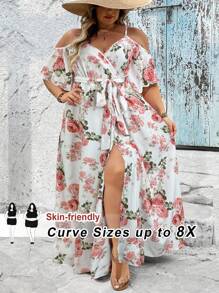 SHEIN CURVE+ 大码浪漫花卉印花裹领夏季波西米亚风连衣裙，Curve Plus，波西米亚风女士度假海滩装/沙滩裙/海滩度假装/海滩必备品/毕业/茶会礼服