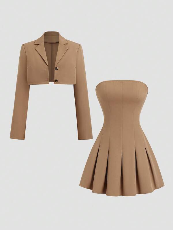 Sweetra Retro British Style Halter Pleated Dress & Casual Slim Fit Suit Set, Chic French Street Fashion For Early Autumn