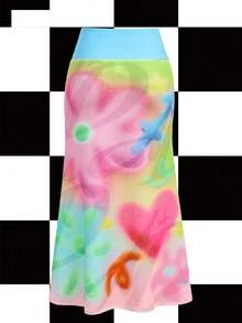 Y2Kool Disco Dime 多色、千禧、像素、花卉、心形、星星、少女、Y2K、休闲、女式低腰迷你裙、适合夏季、度假、聚会、派对、日常穿着图案裙 - 彩色 - 查看 2