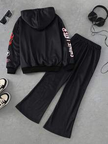 PAVTROS 2pcs/Set Tween Boy Street Graphic Print Hoodie And Sweatpants Athletic 2 Pieces Outfit, School, Campus, College Chic Outfits For Autumn/Winter - Black - View 2