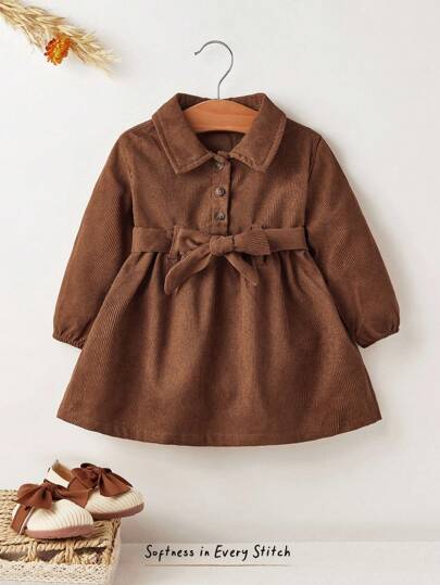Cozy Pixies Baby Girl Solid Color Casual Versatile Collared Half-Open Lantern Sleeve Waisted Dress