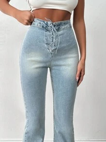 RueChic 磨边撞色正面开襟喇叭腿牛仔裤