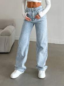 EURMUSE Snow Wash Straight Leg Jeans High Rise - Light Wash - View 5