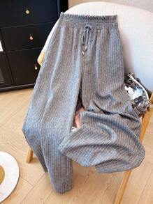 Franclia 女士亚麻质感条纹装饰腰部阔腿裤，休闲假日风格，春夏 - 深灰色 - 查看 5