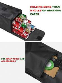 1pc Wrapping Paper Storage Bag, 30" Gift Wrapping Paper Organizer, Black Oxford Wrap Paper Storage Containers With Pocket, Foldable Wrapping Paper Holder, Home Organizer And Storage - Black - View 3
