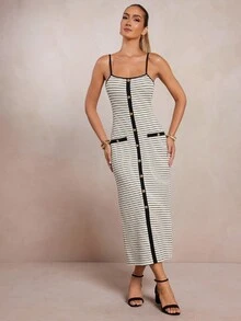 L'Amorae Women Striped Color Block Knit Midi Length Dress, Old Money Vacation Business Casual - Black and White - View 3