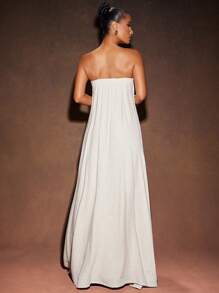 Hauture 女式性感夏季度假前褶亚麻长裙 - 杏色 - 查看 2