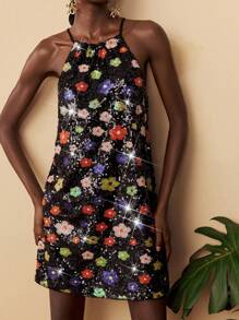 Travachic Robe d'été à col ras-du-cou avec fleurs et paillettes pour femmes