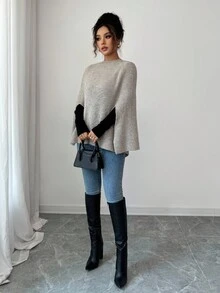 SHEIN Clasi Women's Light Beige Batwing Poncho Sweater,Elegant Office Round Neck Sleeveless Knit Pullover Top,Casual Vintage Stockholm Style For Autumn/Winter - Apricot - View 5