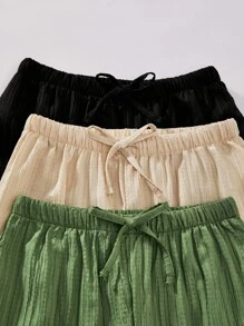 Sparklyn 3pcs Tween Girl Loose Textured Pants Set: Green Loose Textured Pants, Beige Loose Pants, And Black Textured Pants, Suitable Casual And Commuting Wear Chic For Autumn/Winter Fall - Multicolor - View 5