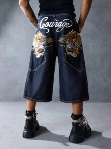 ROMWE MEN Anime Men's Denim Letter Dragon Embroidery Loose Fit Casual Shorts - Blue - View 8