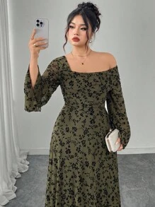 Modelyn 大码女式不对称露肩植绒花朵修身长袖连衣裙 - 軍綠色 - 查看 7