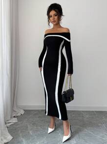 Franclia Vestido ajustado sin tirantes con diseño de bloques de color y rayas de manga larga