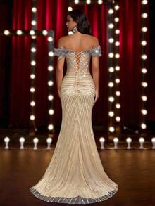 Glamrae 优雅、奢华、迷人的珍珠花卉亮片袖、露肩、性感开衩鱼尾裙，带拖尾，适合婚礼、活动、派对、度假、庆典、正式场合（重度点缀） - 香檳色 - 查看 2