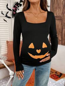 SHEIN Maternity Black Autumn Halloween Graphic Pumpkin Print Long Sleeve Crew Neck Casual Everyday T-Shirt,Jack O Lantern Pregnancy Costume Shirts For Women - Black - View 3