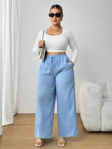 SHEIN PETITE CURVE Damen Business Lässig Strandoutfit für Frauen Mode Pendeln Elegant Lila Lotosblume Rosa Weite Hose, Taschen Hose in Große Größen