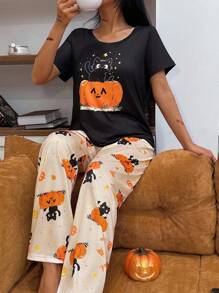 万圣节黑猫和南瓜印花针织短袖上衣和裤子套装 - 橘色 - 查看 9