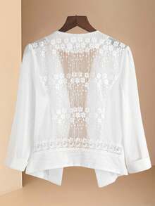 SHEIN PETITE Fashionable Lace Patchwork Cardigan, Versatile Women Lightweight Jacket Fall Winter Cloth For Women - White - View 2