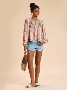 Travachic Chemise femme à manches longues avec imprimé placé tissé