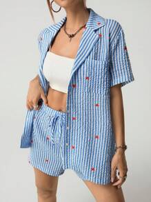 SHEIN ICON 2 件女士蓝色条纹心形印花两件套日常穿搭 - 藍色 - 查看 3