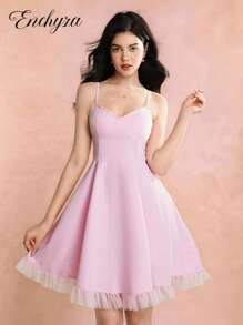 少女连衣裙，蝴蝶结装饰迷你吊带裙，腰部收褶方领，适合度假、户外、学校、春夏季 - 粉色 - 查看 1