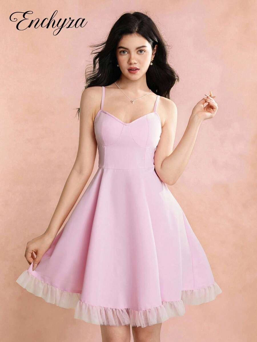 少女连衣裙，蝴蝶结装饰迷你吊带裙，腰部收褶方领，适合度假、户外、学校、春夏季 - 粉色 - 查看 1