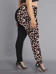 Radiana Damen Leggings in Großen Größen mit Leopardenmuster und Farbblock-Design, Hohe Taille, Schwarz - Schwarz - Übersicht 6