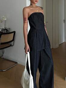 DAZY High-End Denim 2 Pieces Set With Strapless Cropped Top & Casual Pants, Chic Style - Dark Wash - View 3