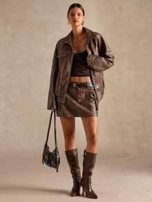 SHEIN BAE Váy mini thời trang túi hộp da PU cho nữ mùa thu, váy da giả đã giặt, da PU, váy da PU họa tiết loang lổ cho nữ - Màu Khaki - Xem 3