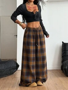 Coolane 女士秋季街头复古外出休闲宽松格纹阔腿裤 - 彩色 - 查看 6