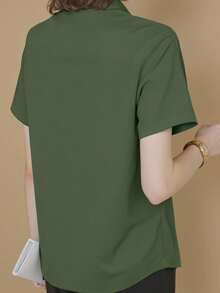 INAWLY Damska, swobodna, jednokolorowa, zielona koszula z krótkim rękawem na lato - Oliwkowy zielony - Zobacz 2