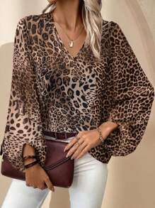 Plus Size Women Leopard Print V-Neck Lantern Sleeve Loose Blouse, Fall ...