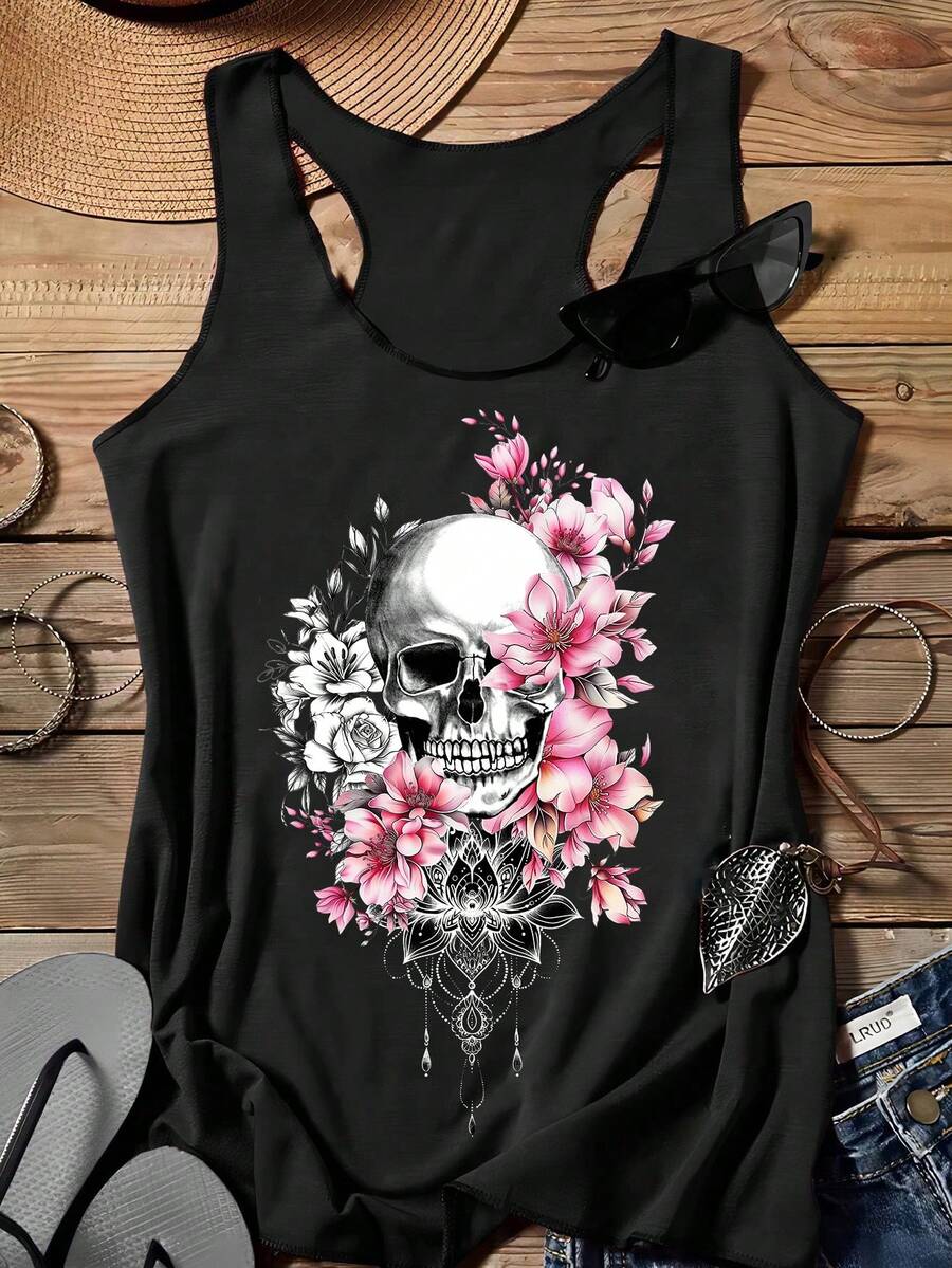 SHEIN EZwear Women's Casual Skull & Lotus Floral Pattern Tank Top, Suitable For Summer