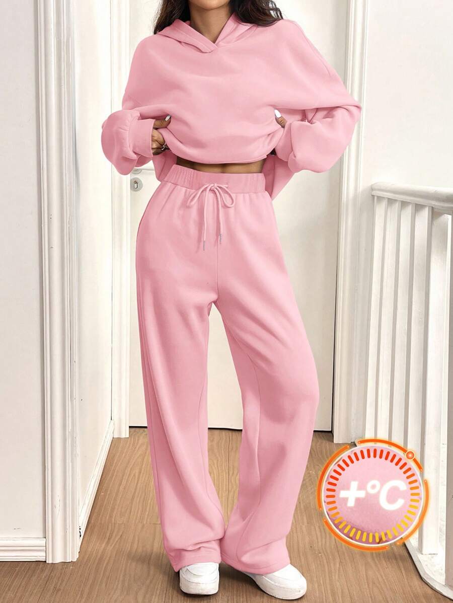 SHEIN EZwear 2pcs/Set Women Casual Thermal Lined Hoodie Sweatshirt And Pants, Pink, Autumn/Winter - Pink - View 1