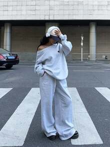 SHEIN EZwear Bộ 2 áo nỉ trễ vai rộng rãi và quần dài thể thao ống rộng cho nữ, lót nhiệt dày, thích hợp cho mùa thu/đông, mùa thu - Xám - Xem 3