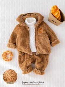 Cozy Pixies 2pcs Baby Boy Cartoon Bear Pattern Thermal Lined Hooded Jacket And Elastic Waist Ankle Cuff Pants Set - Brown - View 4