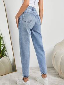 SHEIN Tall 妈妈款高腰浅蓝色高腰牛仔裤 - 中等水洗藍 - 查看 2