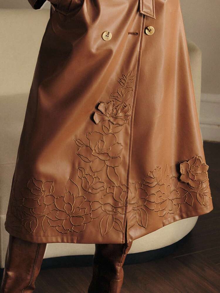 PU LEATHER FLORAL EMBROIDERY TRENCH COAT