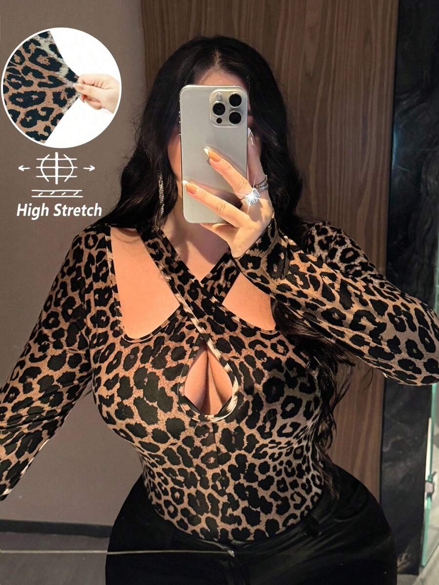 NU&NOW 女士加大码性感高弹力豹纹交叉镂空设计休闲短袖T恤 - 彩色 - 查看 1