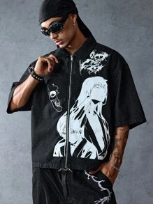 ROMWE MEN Anime Men's Denim Cartoon Character Print Zip-Up Casual Denim Jacket - Black - View 1
