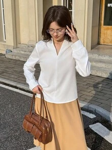 SHEIN Teen Girl Elegant Loose Fit V-Neck Long Sleeve White Blouse, Suitable For Commuting And Daily Wear - White - View 5