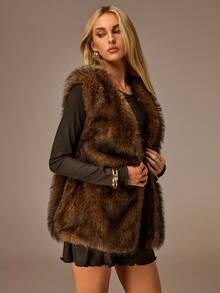 Avantive 女式纯色腰带扣设计仿皮草背心夹克 - 棕色 - 查看 4