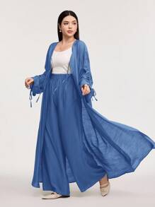 Veilorie Zestaw 2 szt. dla kobiet w jednolitym kolorze, z długim rękawem i sznurkiem, wiązanie z przodu, długi top i spodnie, swobodny ubiór - Niebieski - Zobacz 4