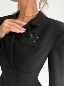Siren Gaze 秋季女装冬季黑色优雅翻领连衣裙，2025 新款水钻装饰西装连衣裙，正式别致的老式风格西装连衣裙，女士优雅派对/婚礼宾客连衣裙，秋冬必备服装，通勤/商务休闲/街头长袖燕尾服连衣裙，万圣节/圣诞节女士连衣裙，民事婚礼/办公室高端正式连衣裙，时尚冬季女士必备连衣裙 - 黑色 - 查看 2