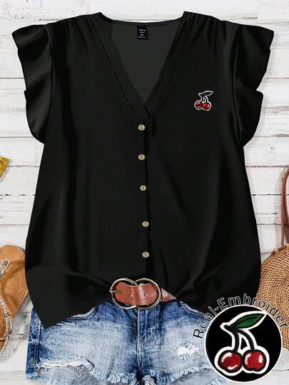 EMERY ROSE Blouse casual à encolure en V avec volants et manches courtes, brodée de cerises, grande taille. Convient pour l'été et la rentrée scolaire