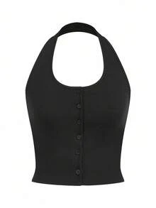 SHEIN x PRISCILA & JIMENA DAZY Camiseta sin espalda con botones frontales y cuello halter - Negro - Ver 3