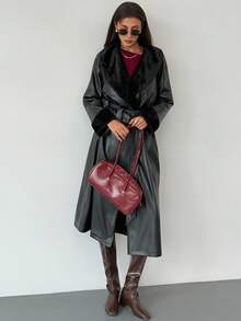 Aloruh Veste de mode régulière en PU à manches longues avec col  patchwork pour l'automne/l'hiver pour femmes - Noir - Voir 6